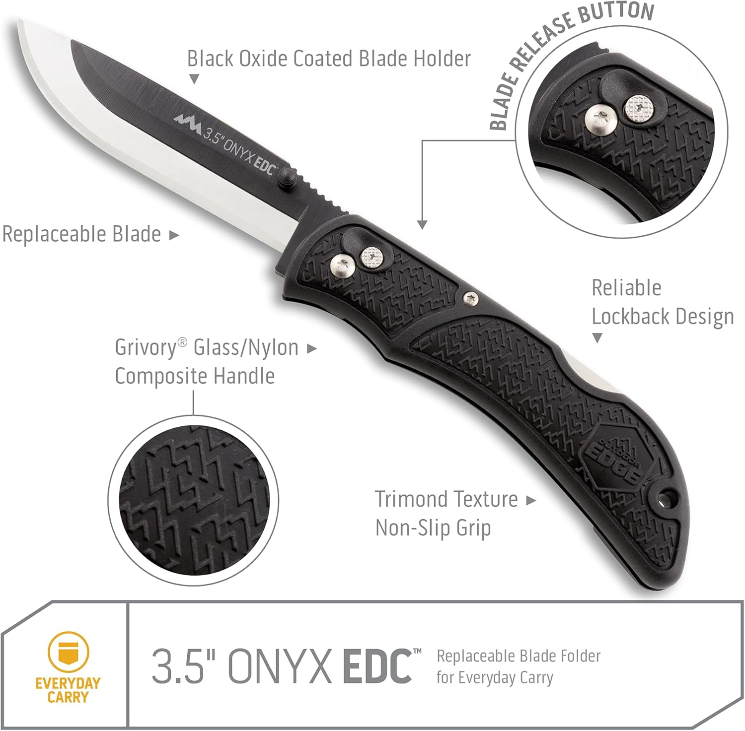 OUTDOOR EDGE Onyx EDC Folding Pocket Knife — Replaceable Blade System, Lockback and Pocket Clip
