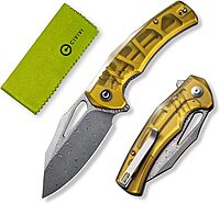 CIVIVI BullTusk Pocket Knife for Camping Fishing Hunting, Folding Knife with Flipper, 3.48" Curved Damascus Blade Ultem Handle, Cool Pocket Knife for Men Women Gift C23017-DS1 Translucent Amber