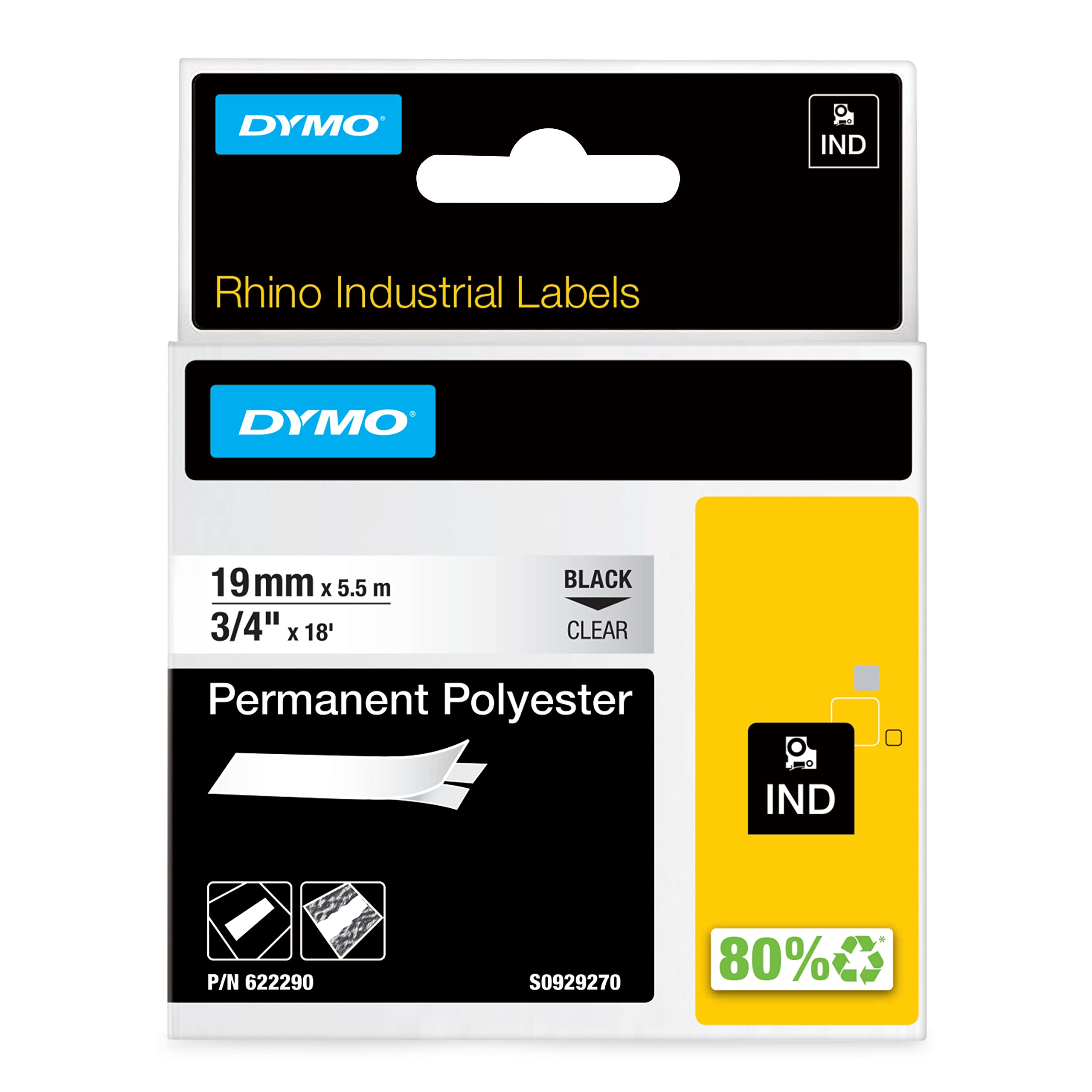 DYMO Permanent Polyester Industrial Label Tape, Clear with Black Print
