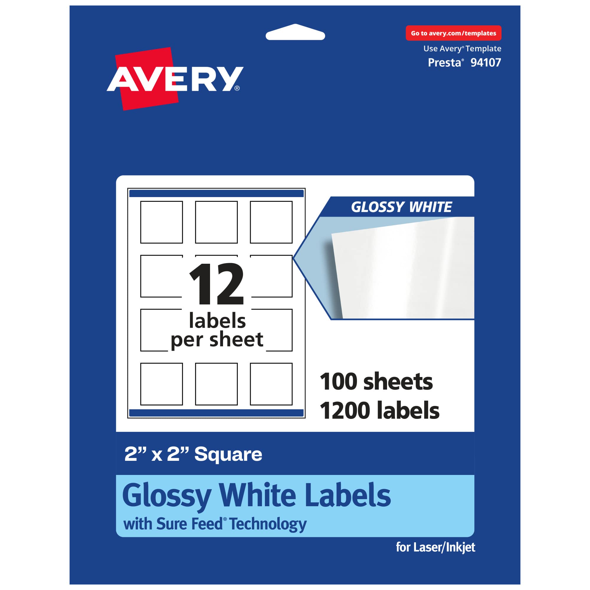 Avery Glossy Permanent Square Labels with Sure Feed, 2in x 2in, White