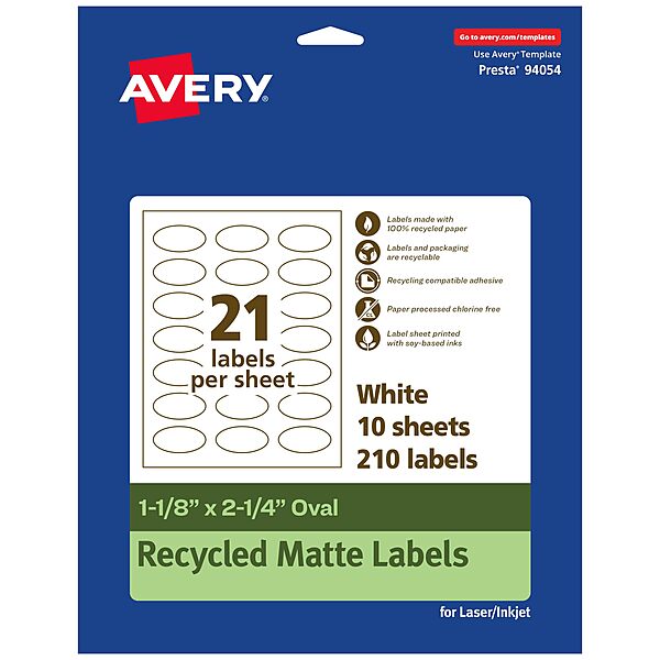 Avery EcoFriendly Matte White Recycled Oval Labels 1-1/8 x 2-1/4