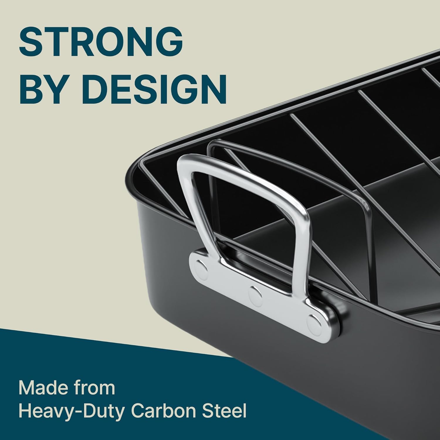 Gibson Home French Roaster 2 Piece Carbon Steel Indoor Oven Baking Roasting Non Stick Turkey Chicken with Roast V Rack, Black