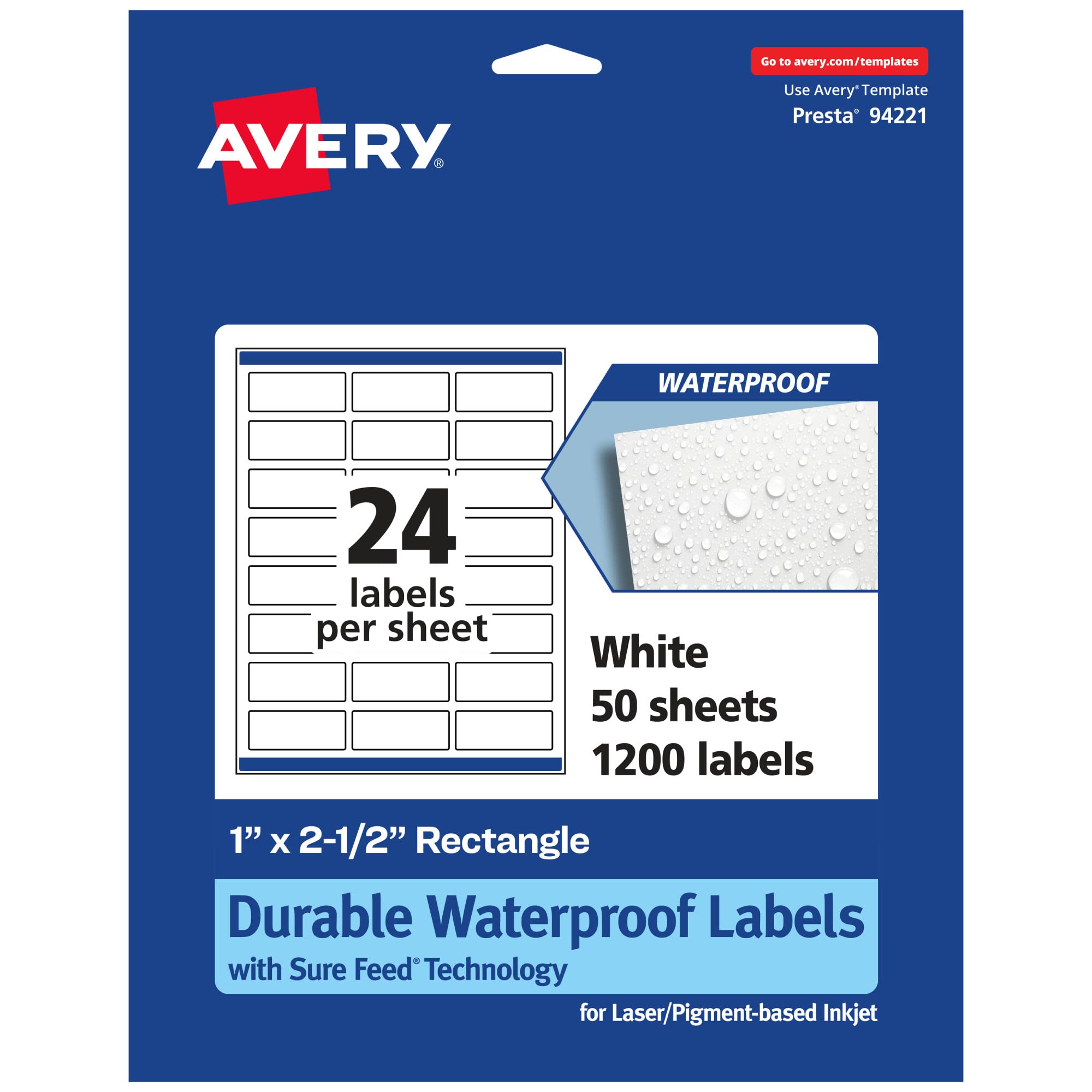 Avery Durable Waterproof Rectangle Labels, Sure Feed Technology, 1" x 2.5"