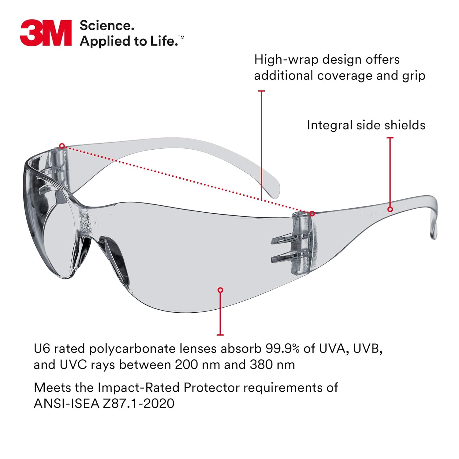 3M Safety Glasses, Virtua, 1 Pair, ANSI Z87, Unisex, Indoor/Outdoor Clear Hard Coat Lens, Clear Frame