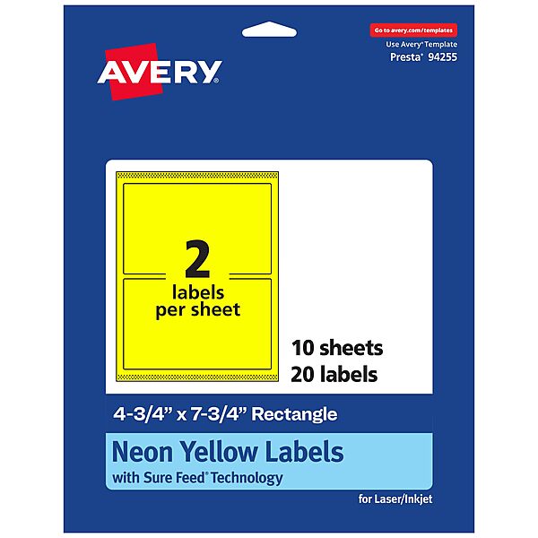 Avery Printable Rectangle Labels, Sure Feed Technology, 4-3/4" x 7-3/4", Neon Yellow Labels, Print-to-The-Edge