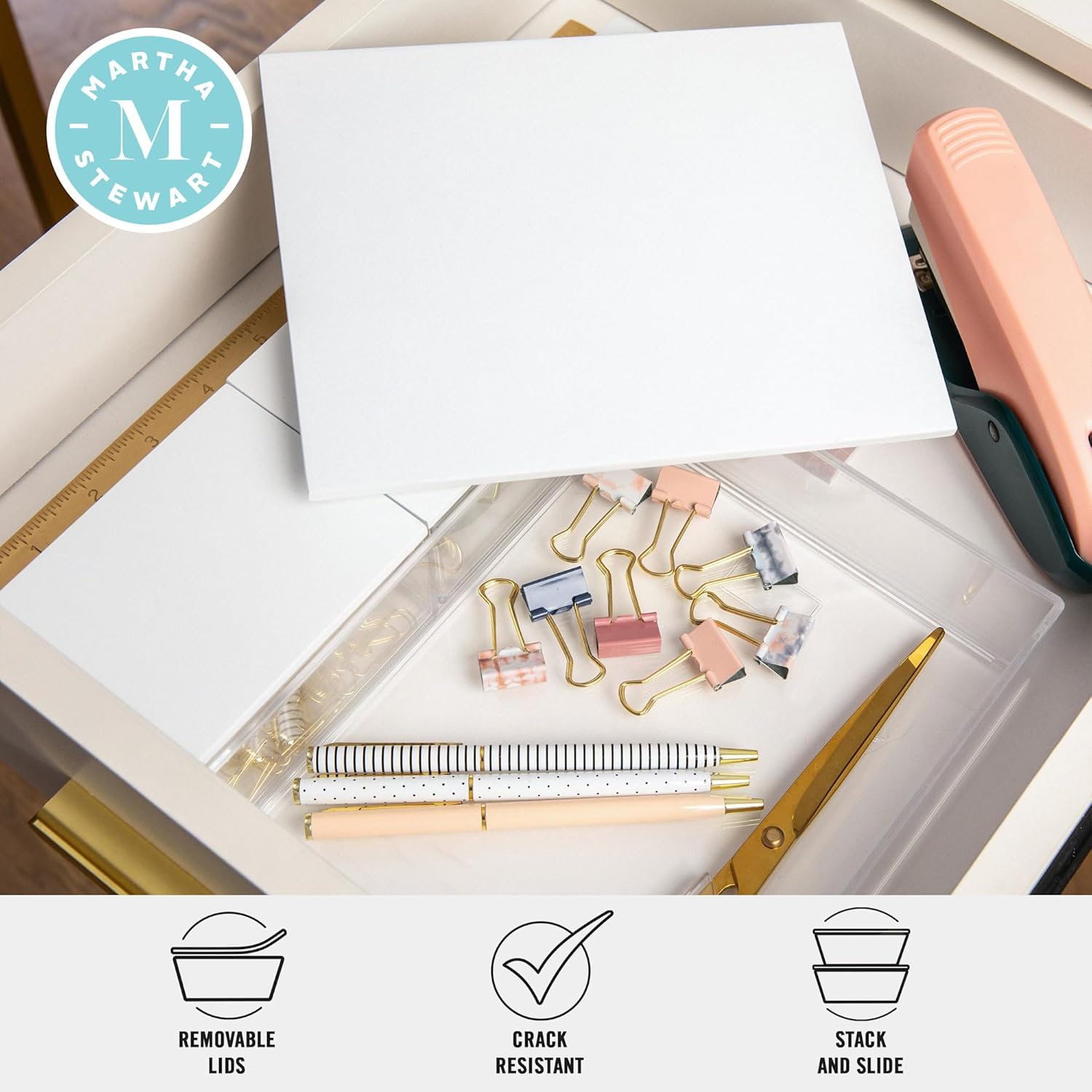 MARTHA STEWART Brody Plastic Storage Organizer Bins with Wood Lids