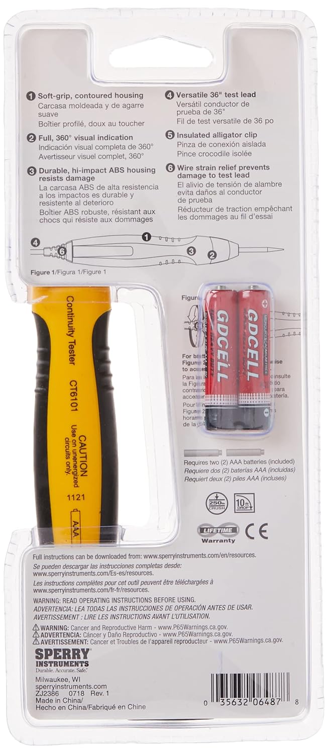 Gardner Bender Sperry Instruments CT6101 Heavy Duty Continuity Tester, 2 Range, 36 inch lead