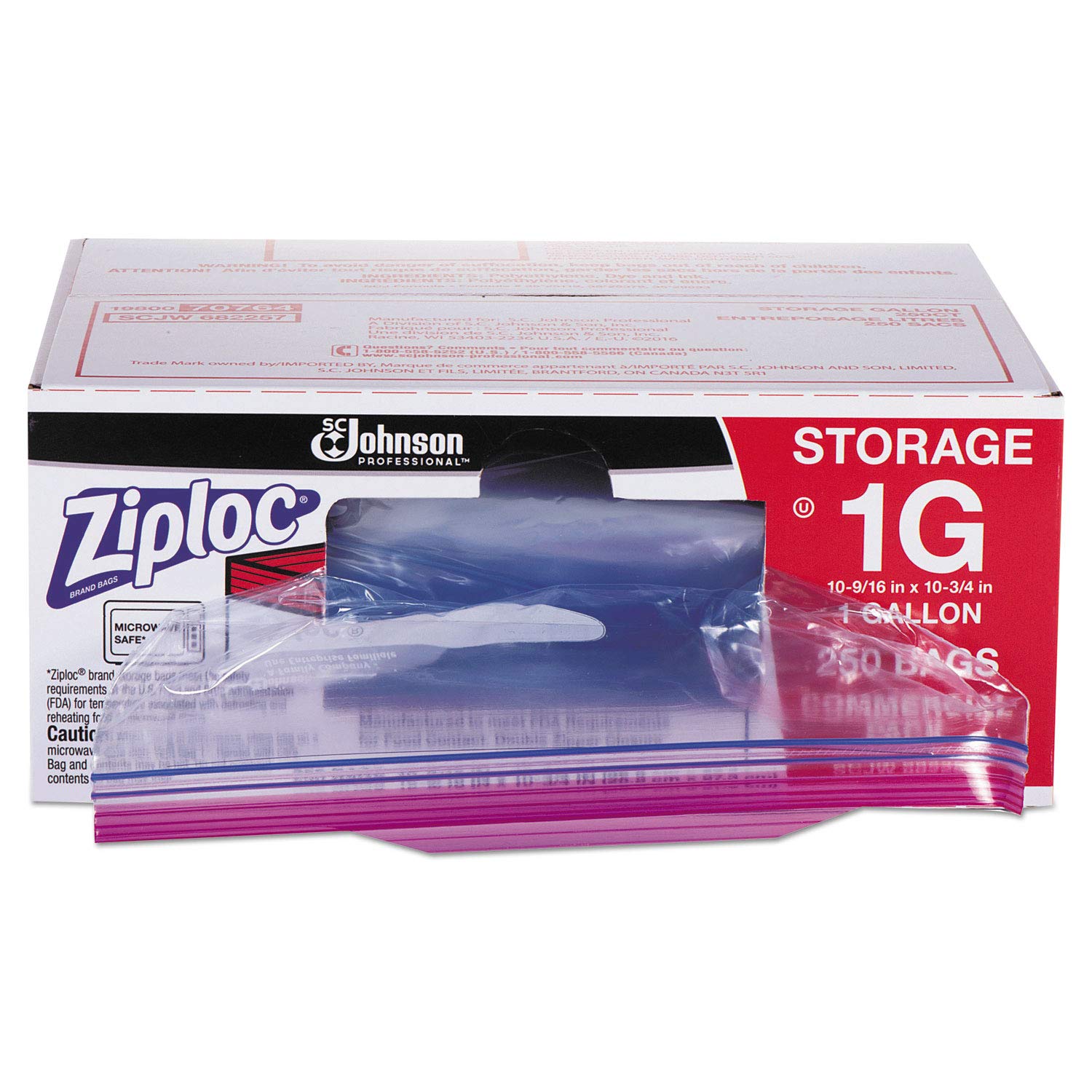 Ziploc 682257 Double Zipper Bags, Plastic, 1gal, 1.75mil, Clear w/Write-On Panel, 250/Box