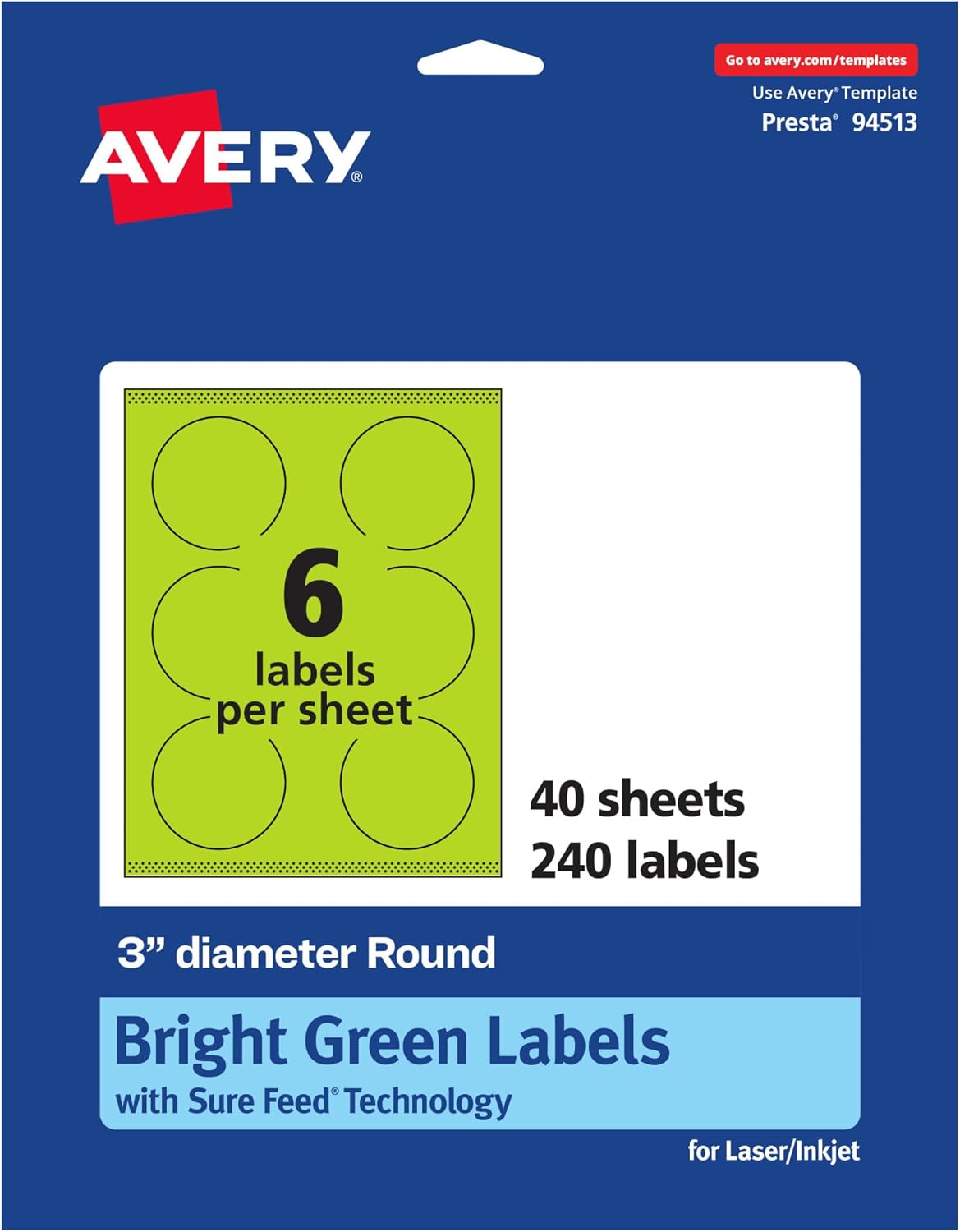 Avery Printable Round Labels, Sure Feed Technology, 3" Diameter, Bright Green, Print-to-The-Edge, Laser/Inkjet Printable