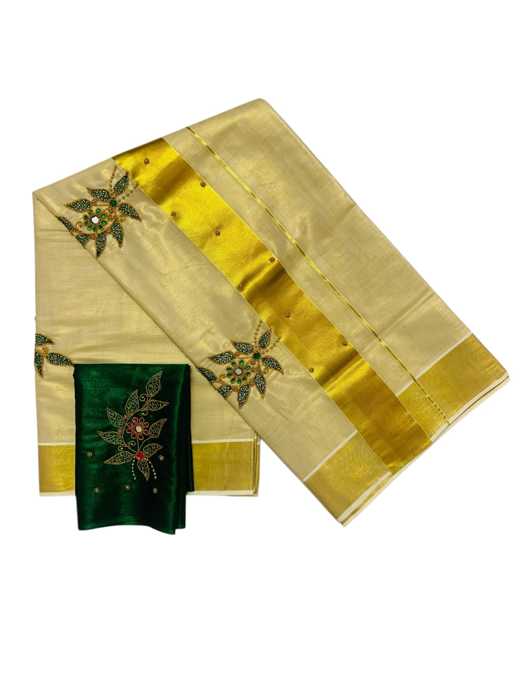 Kuthampully Kerala Kasavu Sarees For Women | Handcrafted Aari work Kerala Sarees | Tissue Onam Saree With Running Blouse | South Indian Sarees | Onam Saree EKM-861 (Dark Green)