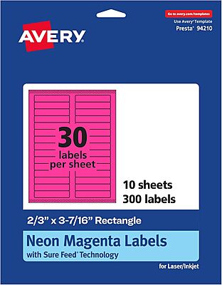 AVERY Printable Rectangle Labels, Sure Feed Technology, 2/3" x 3-7/16", Neon Magenta, Laser/Inkjet Printable