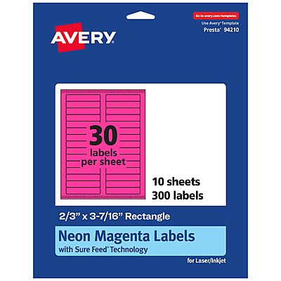 AVERY Printable Rectangle Labels, Sure Feed Technology, 2/3" x 3-7/16", Neon Magenta, Laser/Inkjet Printable