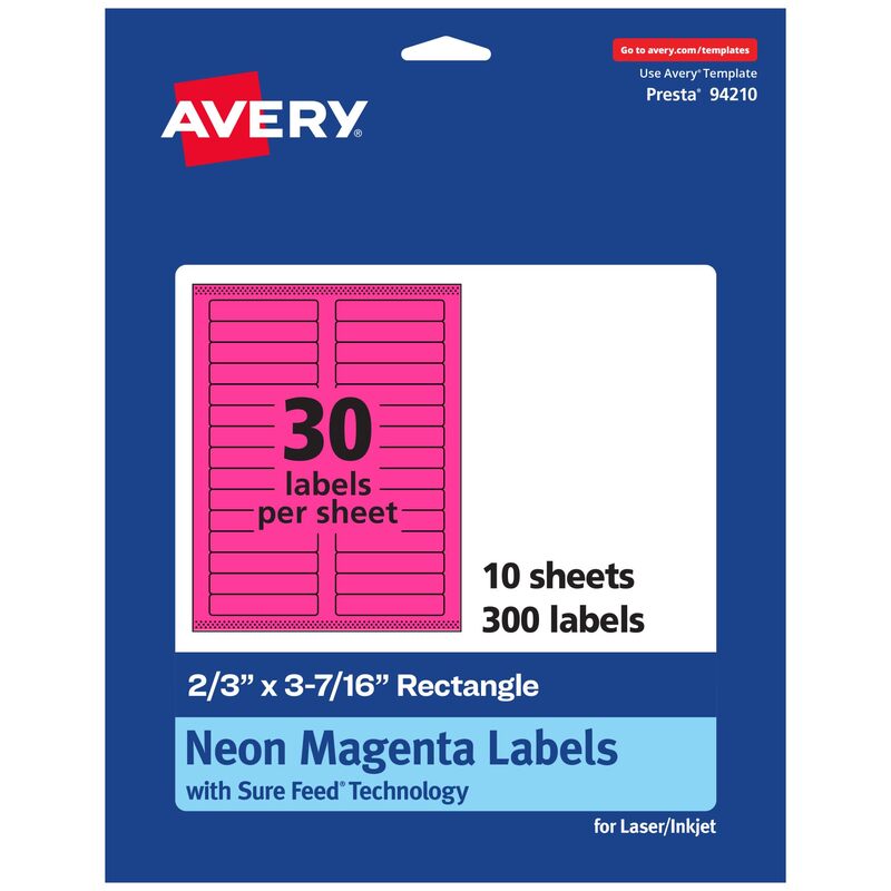 AVERY Printable Rectangle Labels, Sure Feed Technology, 2/3" x 3-7/16", Neon Magenta, Laser/Inkjet Printable