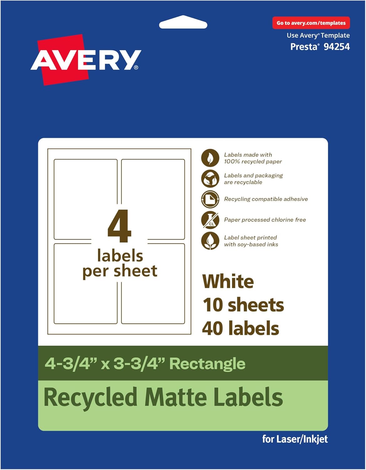 Avery EcoFriendly Matte White Recycled Rectangle Labels, 4.75" x 3.75", Print-to-The-Edge, Permanent Adhesive