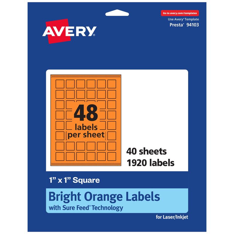 Avery Printable Square Labels, Sure Feed Technology, 1 in. x 1 in., Bright Orange, Print-to-The-Edge, Laser/Inkjet Printable