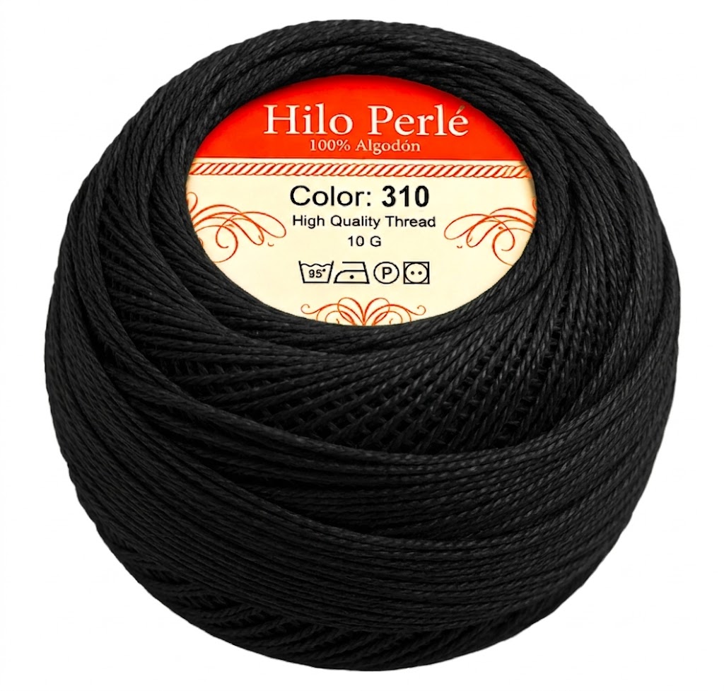 Hilo perlé para bordar #8 100% algodón Color Negro - 310 - 10 gramos por ovillo (Caja por 10 Ovillos