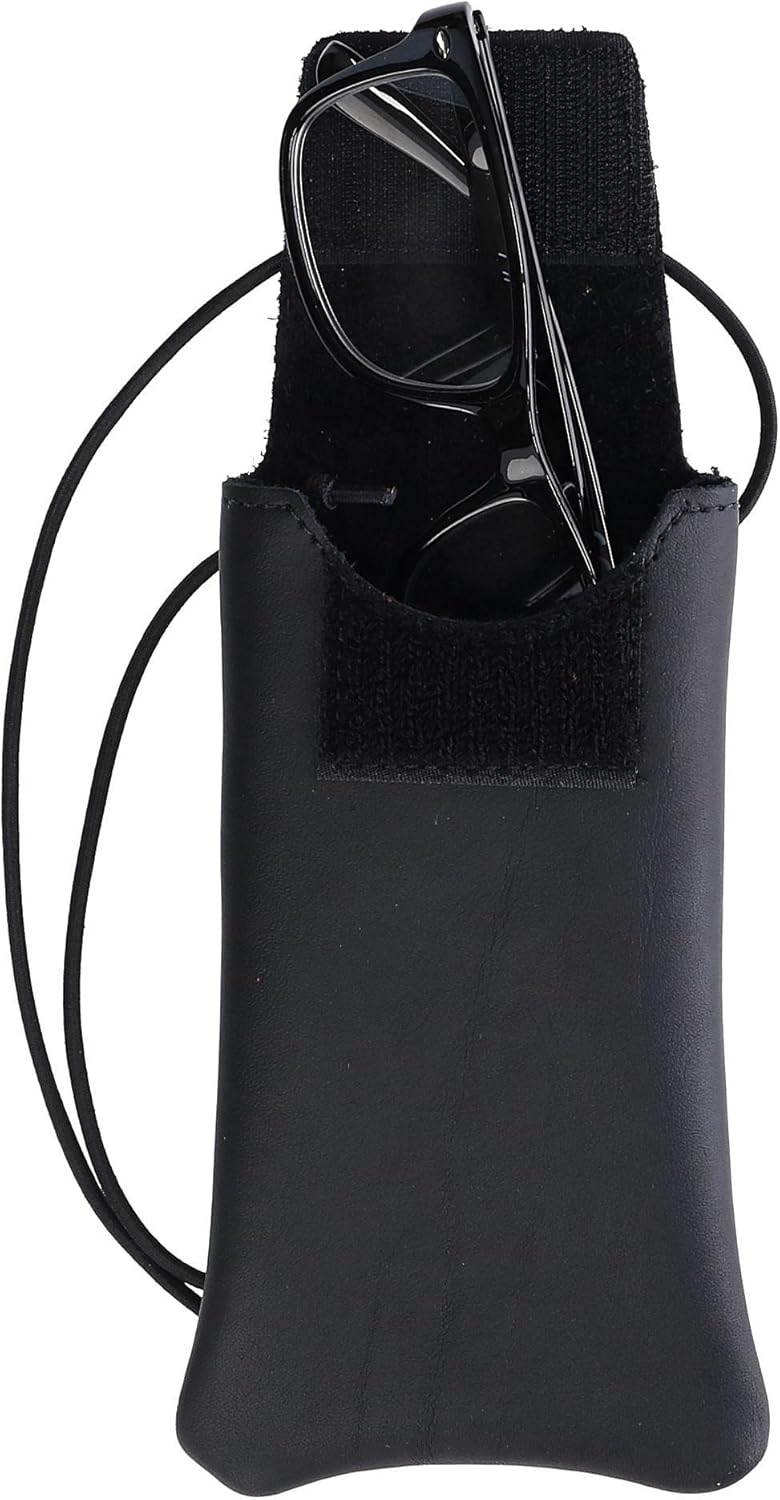 Boston Leather Solid Leather Eyeglass Case with Neck String, Black