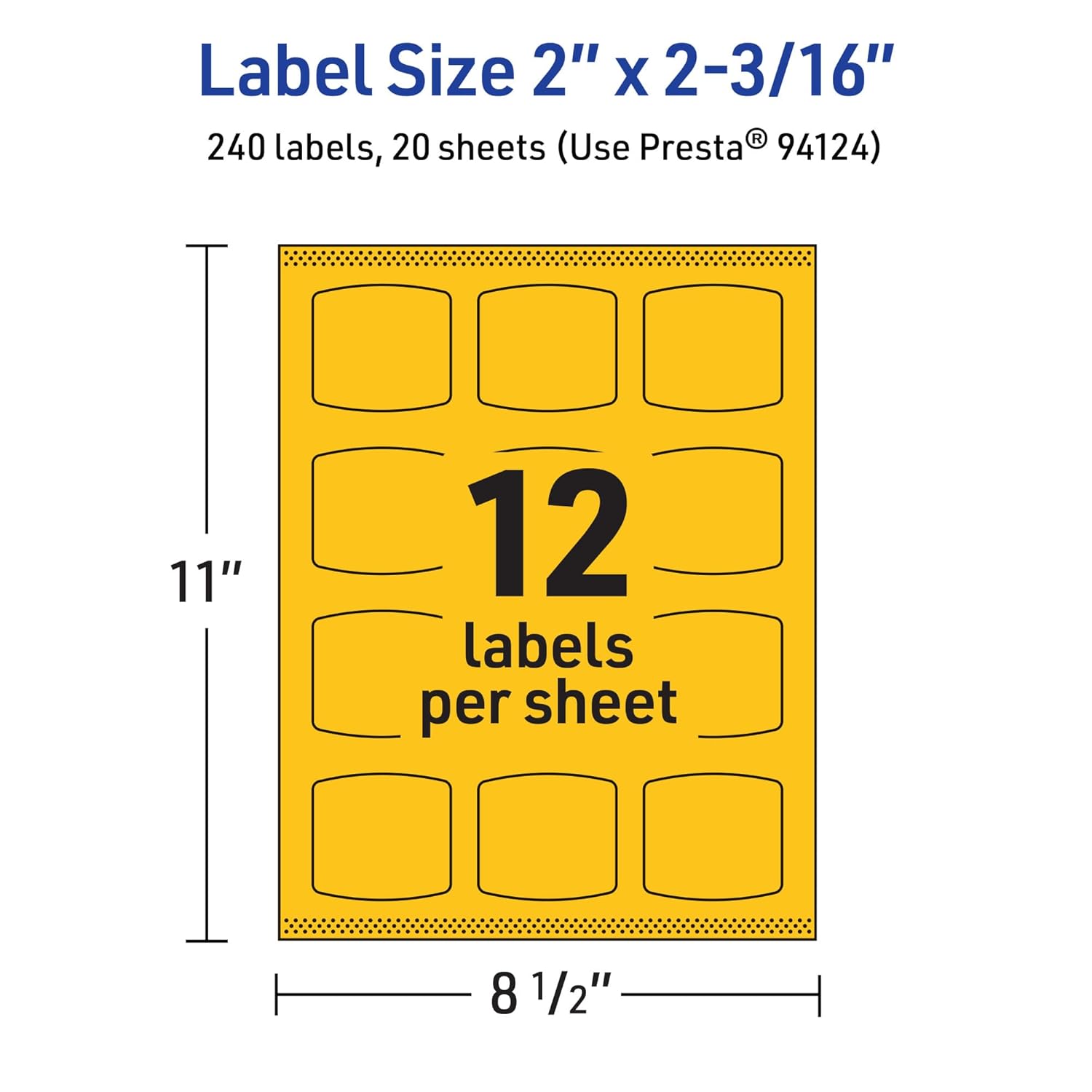 Avery Printable Arched Square Labels with Sure Feed Technology, 2" x 2-3/16", Bright Yellow, Print-to-the-Edge, Laser/Inkjet