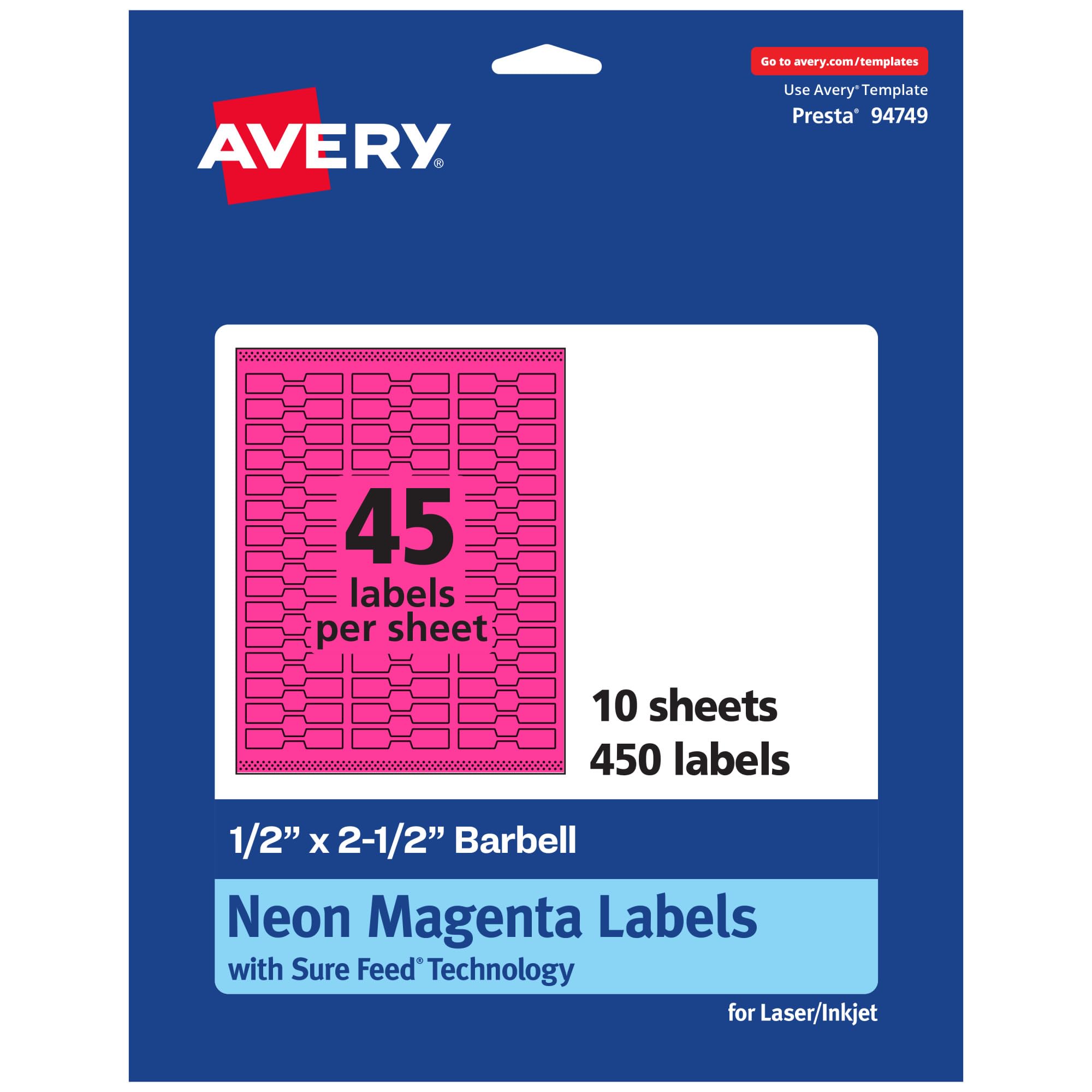 Avery Printable Barbell Labels, Sure Feed Technology, 1/2" x 2-1/2", Neon Magenta Labels, Laser/Inkjet Printable, 450 Total
