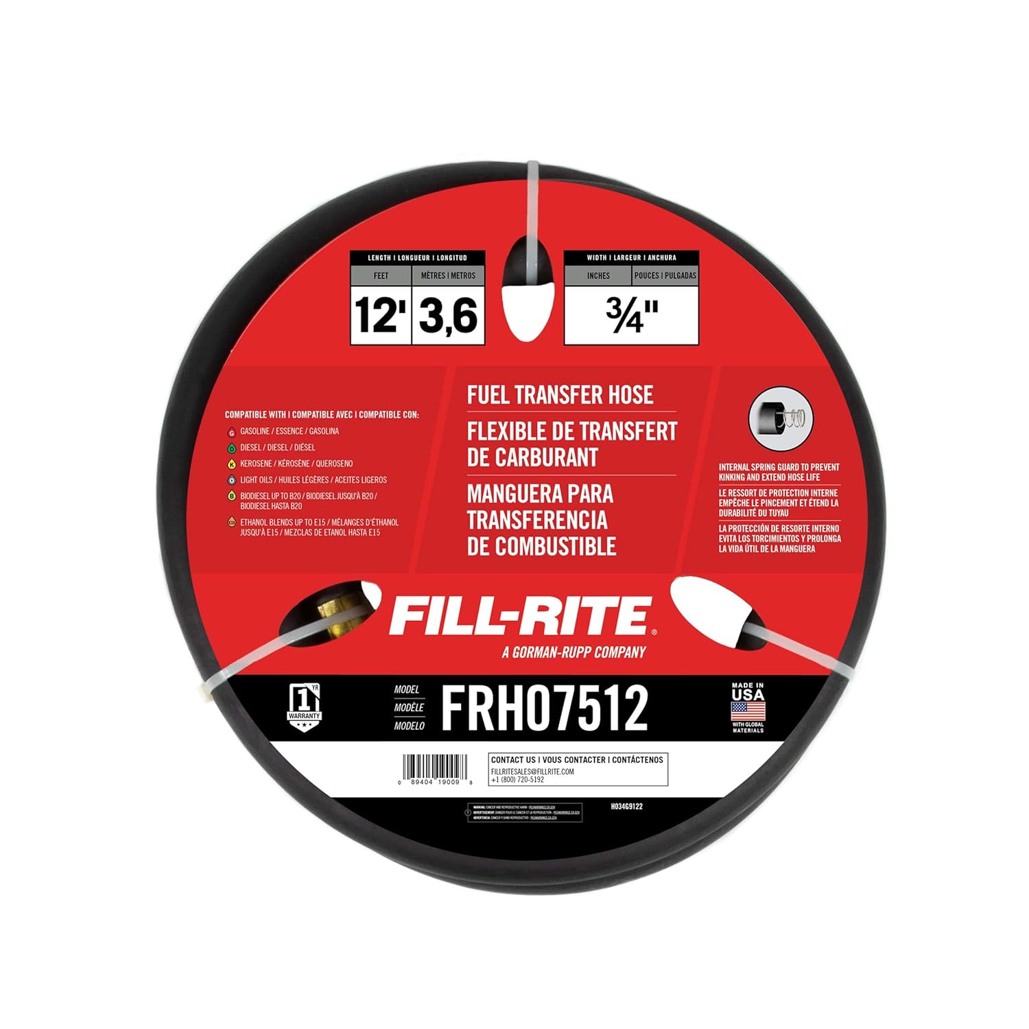 Fill-Rite FRH07512 3/4" x 12' Fuel Transfer Hose with Internal Spring Guards & Static Wire - Compatible with Gasoline