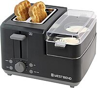 West Bend Breakfast Station 2-Slice Toaster and Egg Cooker/Poacher with Removable Pre-Cooked Meat and Vegetable Warming Tray for Perfect Breakfast Sandwiches, 1200-Watts, Black