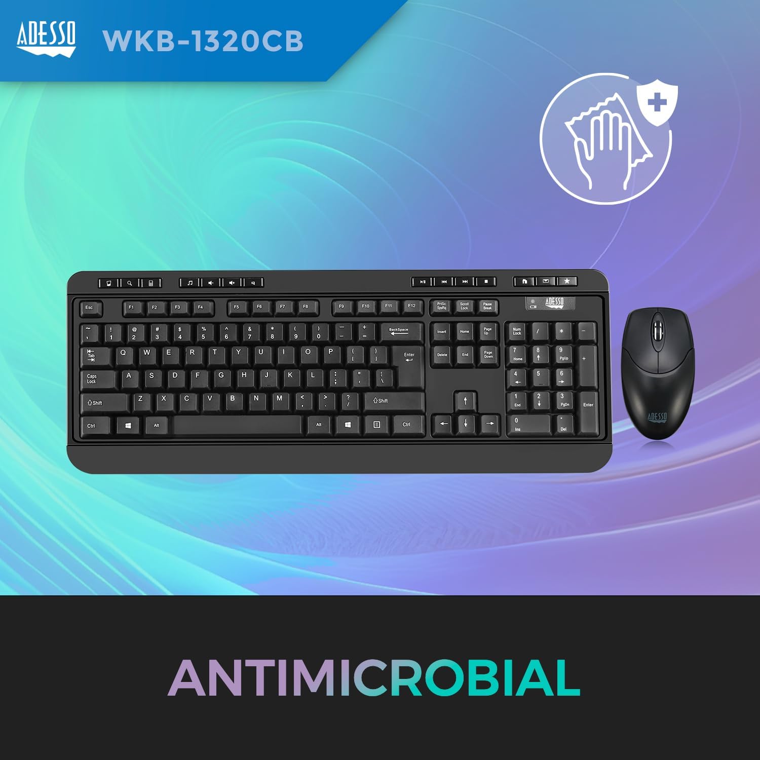 Adesso WKB-1320CB EasyTouch Antimicrobial Wireless Keyboard & Mouse Combo, Black