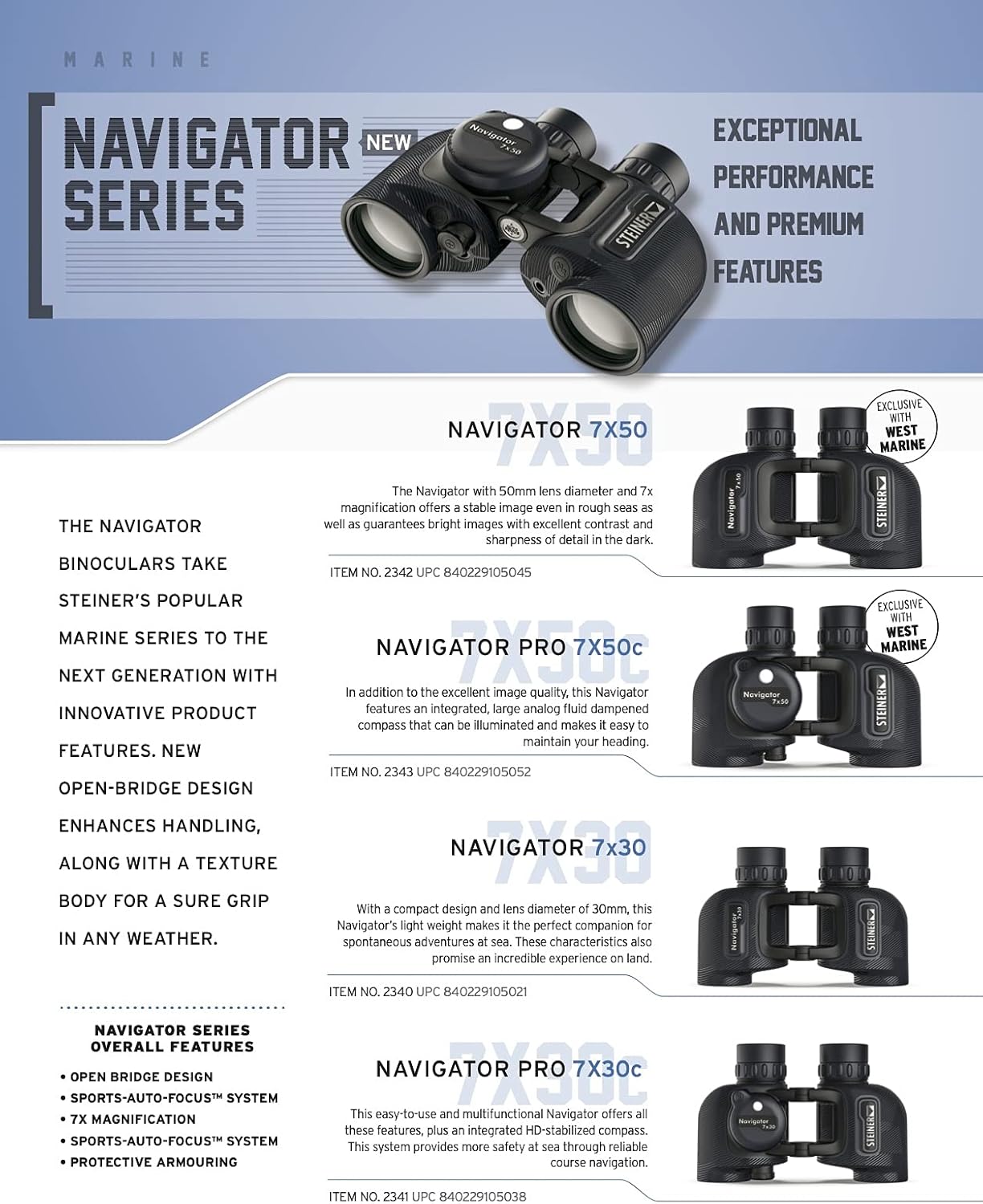STEINER Navigator 7x30 Marine Binoculars Open-Bridge Design, Sports Auto-Focus