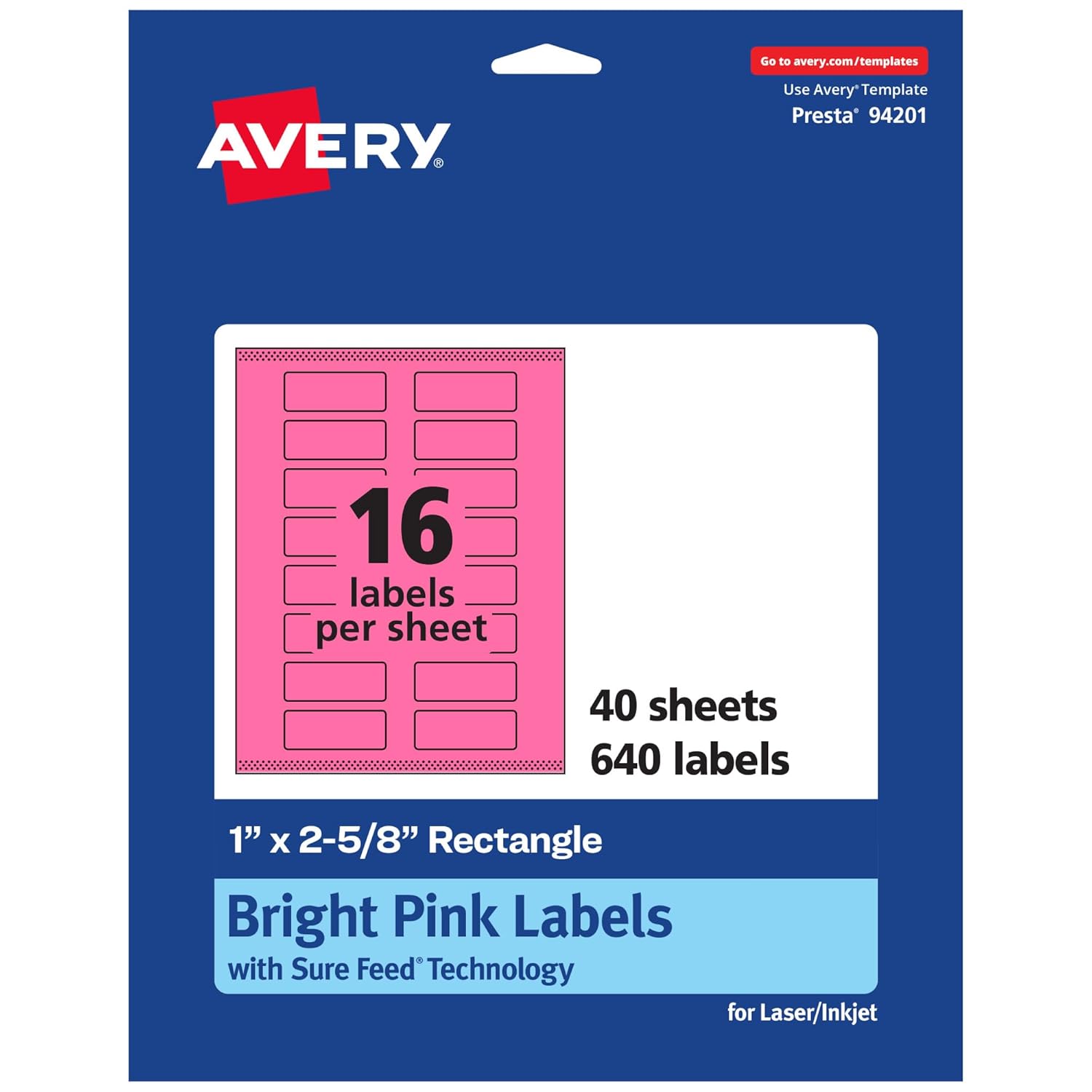 Avery Printable Rectangle Labels, Sure Feed Technology, 1" x 2-5/8", Bright Pink, Print-to-The-Edge, Laser/Inkjet Printable