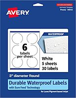 Avery Durable Waterproof Round Labels, Sure Feed Technology, Print-to-The-Edge, 3" Diameter