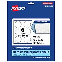Avery Durable Waterproof Round Labels, Sure Feed Technology, Print-to-The-Edge, 3" Diameter