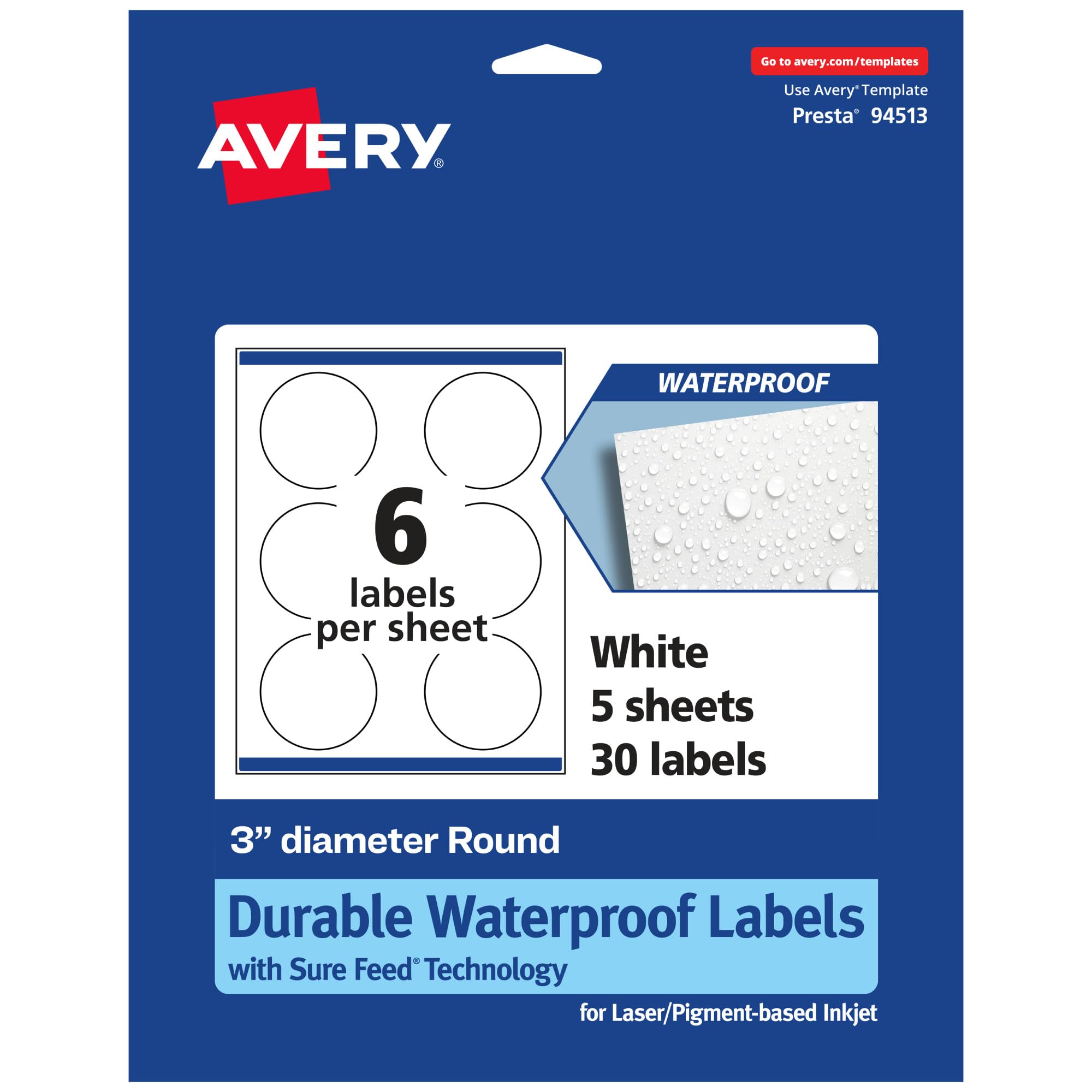 Avery Durable Waterproof Round Labels, Sure Feed Technology, Print-to-The-Edge, 3" Diameter