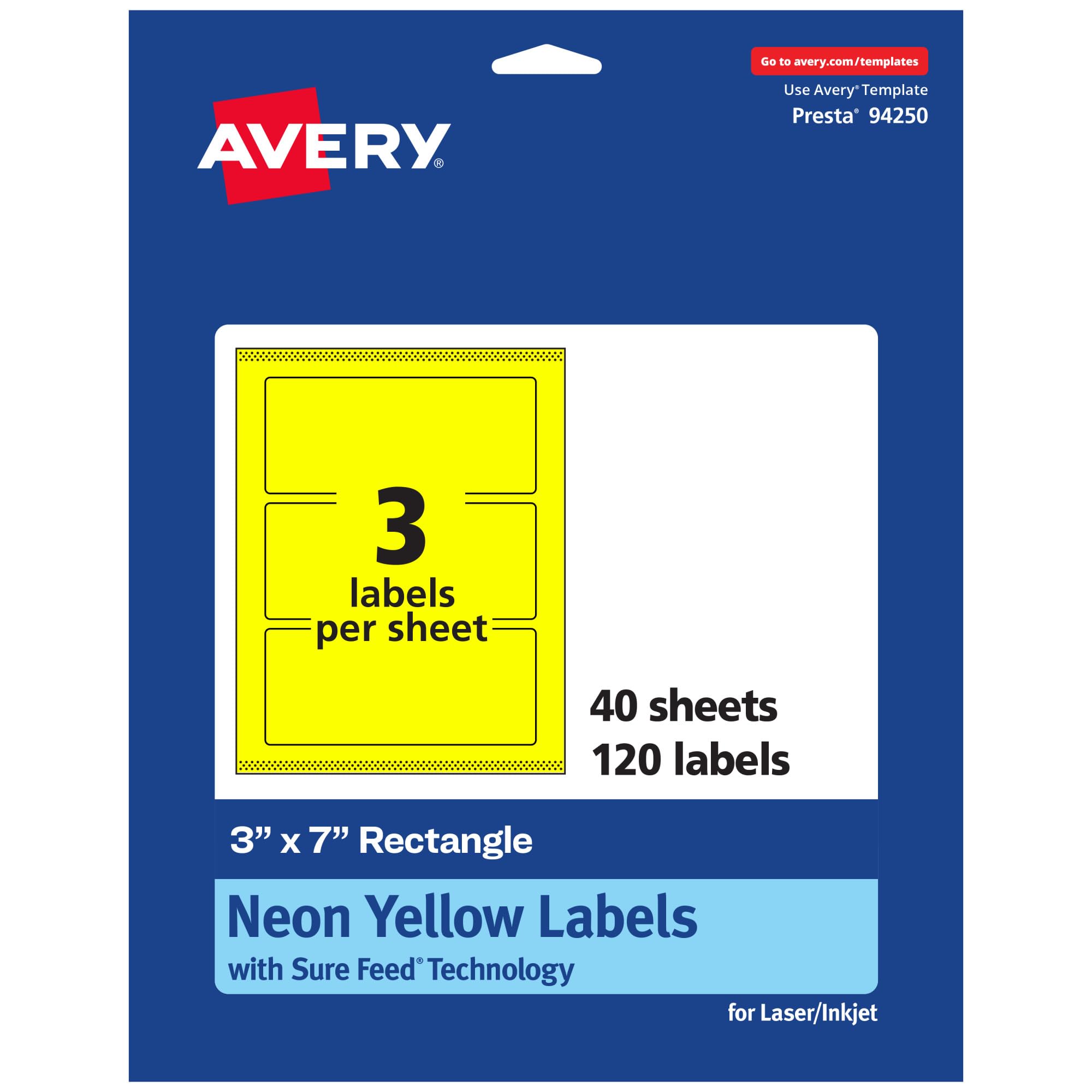 Avery Printable Rectangle Labels, Sure Feed Technology, 3" x 7", Neon Yellow, Print-to-The-Edge, Laser/Inkjet Printable