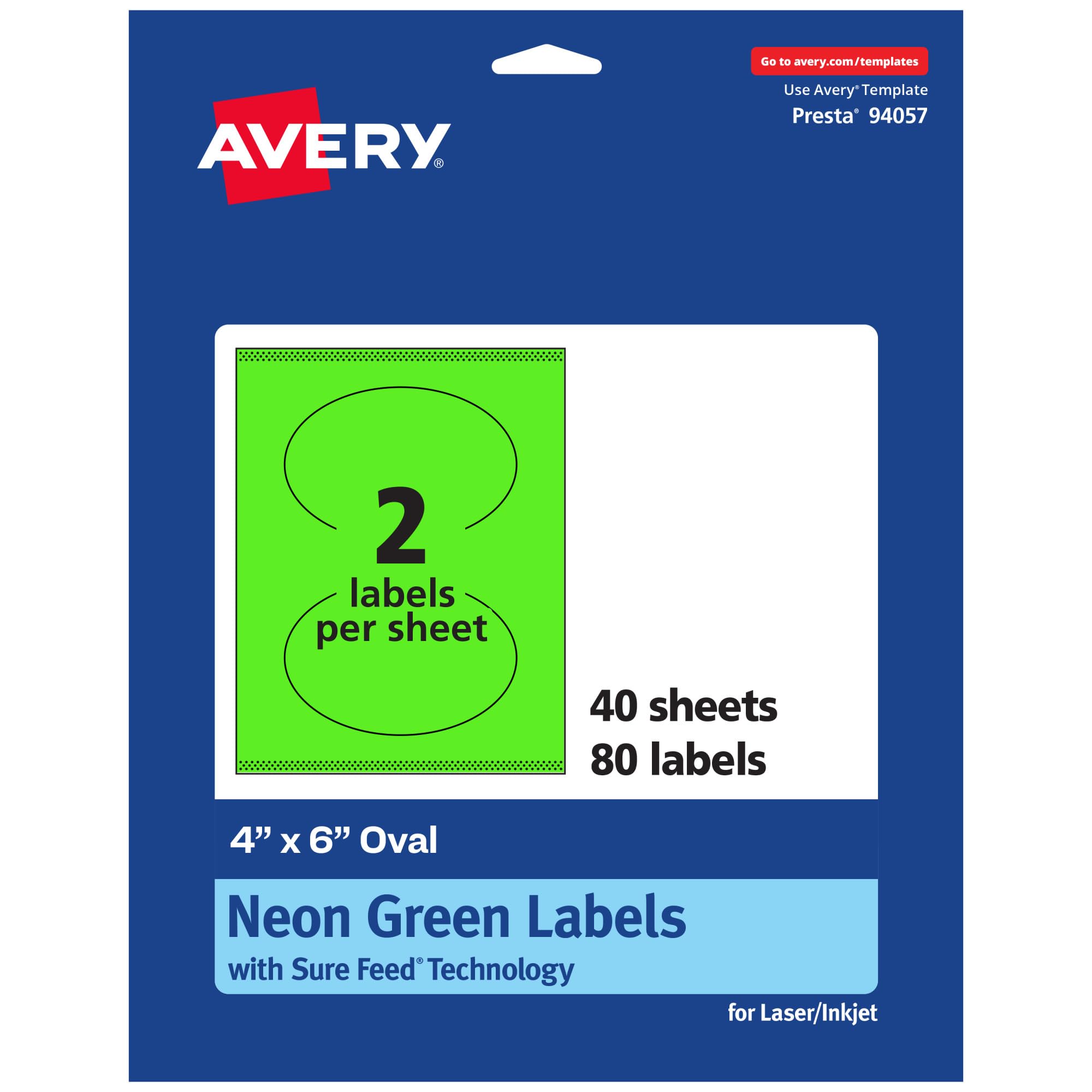 AVERY Printable Oval Labels, Sure Feed Technology, 4 x 6, Neon Green, Print-to-The-Edge, Laser/Inkjet
