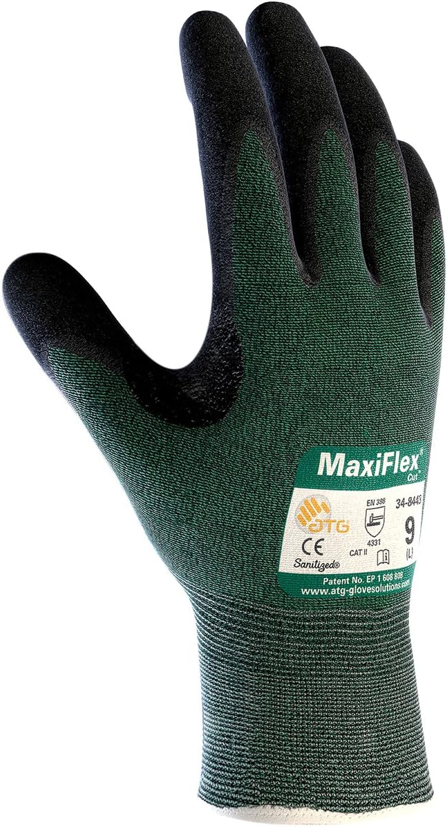 ATG 34-8443/XS Maxiflex Cut, Green Eng Yarn, Black Nitrile Dotted Microfoam Grip, A2 Green XS