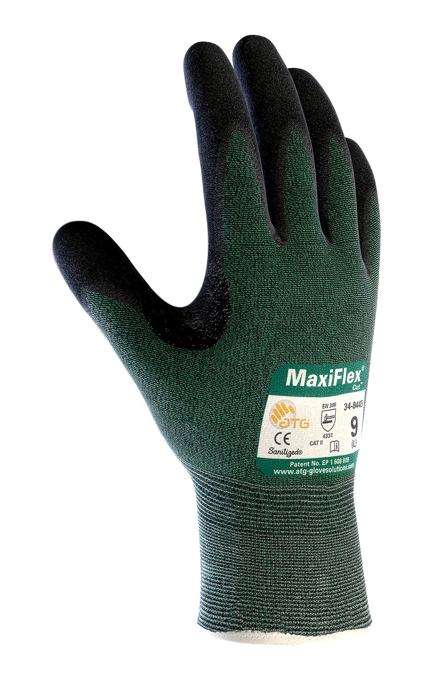 ATG 34-8443/XS Maxiflex Cut, Green Eng Yarn, Black Nitrile Dotted Microfoam Grip, A2 Green XS