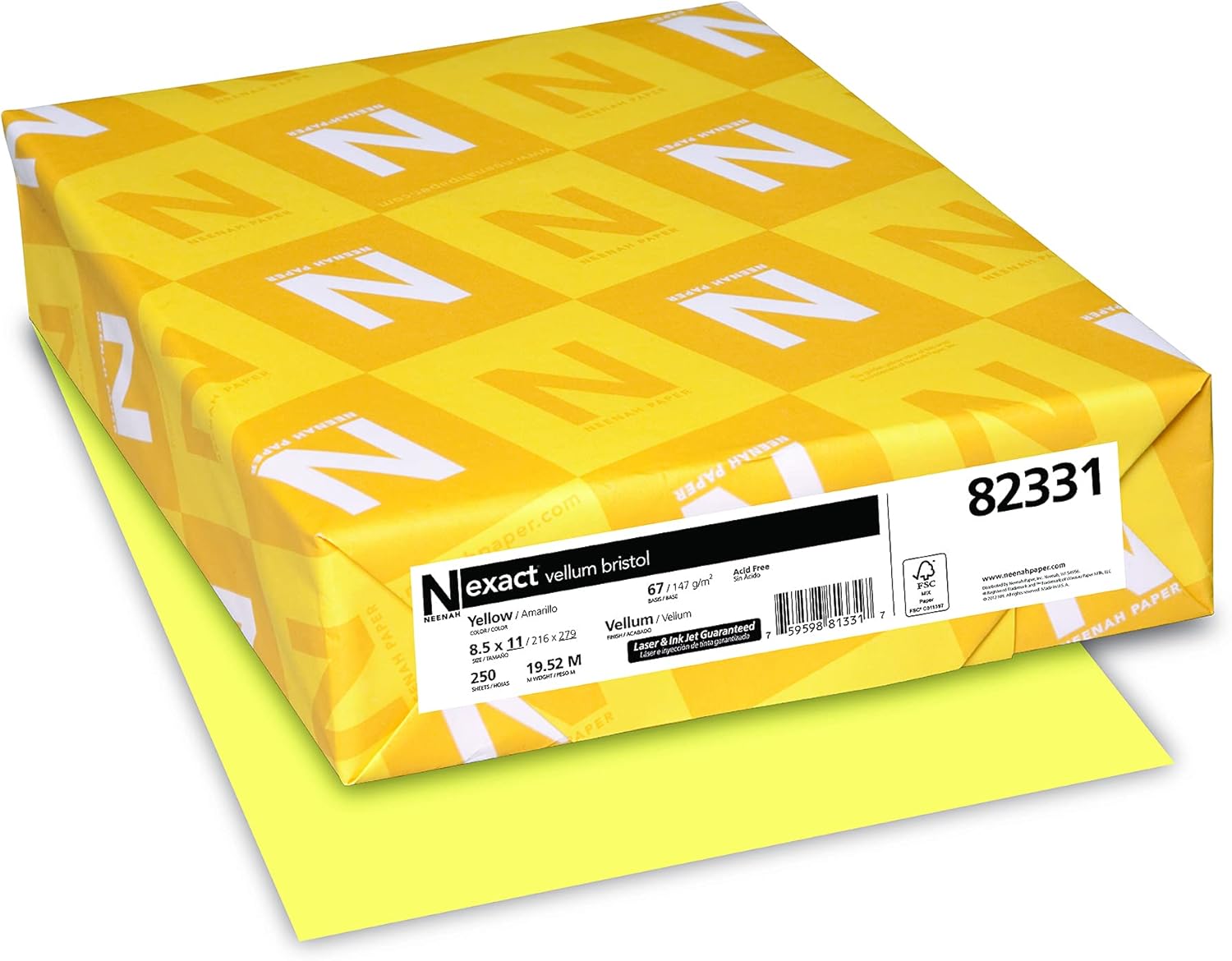 Exact® Vellum Bristol Card Stock, Canary, Letter (8.5" x 11"), 67 Lb, Pack Of 250