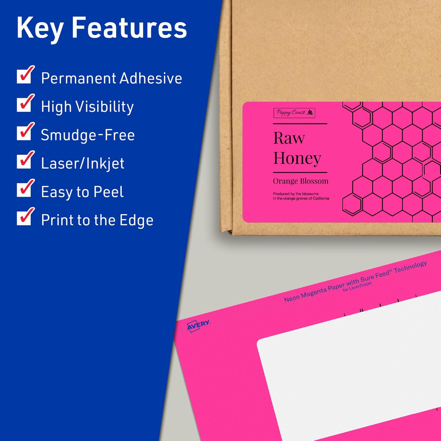 Avery Printable Rectangle Labels, Sure Feed Technology, 3" x 6", Neon Magenta Labels, Print-to-The-Edge