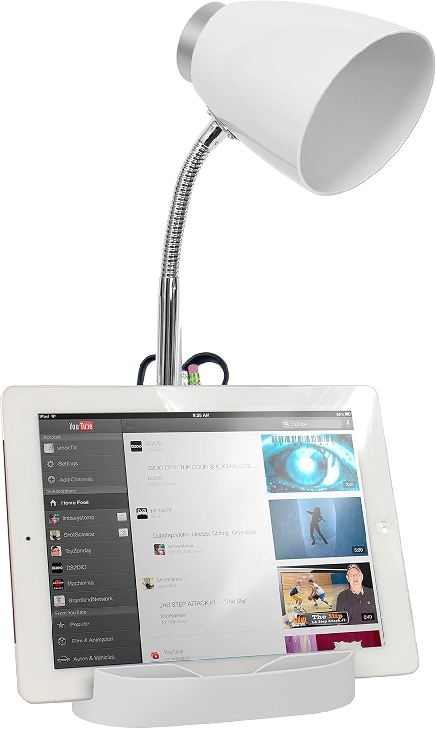 Simple Designs LD1002-WHT Gooseneck Organizer Desk Lamp with iPad Tablet Stand Book Holder, White White 1