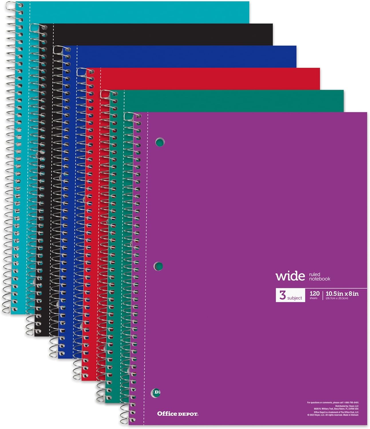 Office Depot® Wirebound Notebooks, 8" x 10-1/2", 1 Subject, Wide Ruled, 100 Sheets, Assorted Colors, Pack Of 6 Notebooks