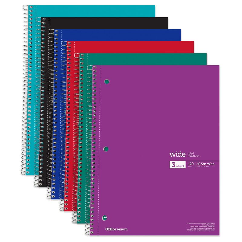 Office Depot® Wirebound Notebooks, 8" x 10-1/2", 1 Subject, Wide Ruled, 100 Sheets, Assorted Colors, Pack Of 6 Notebooks