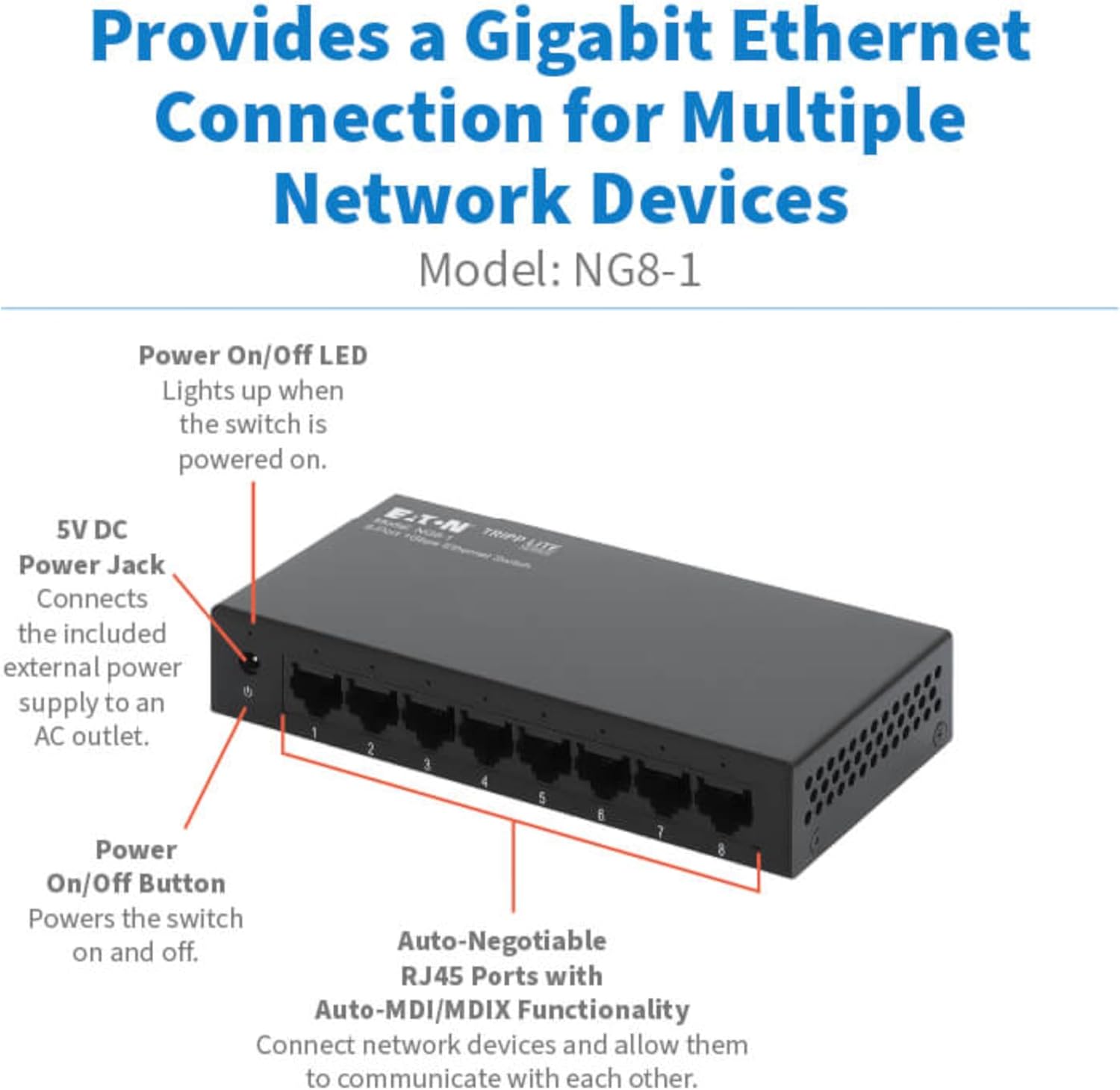 TRIPP LITE 8-Port Desktop Unmanaged Ethernet Network Switch, Metal Enclosure, Plug-and-Play, Wall Mount, 3-Year Warranty