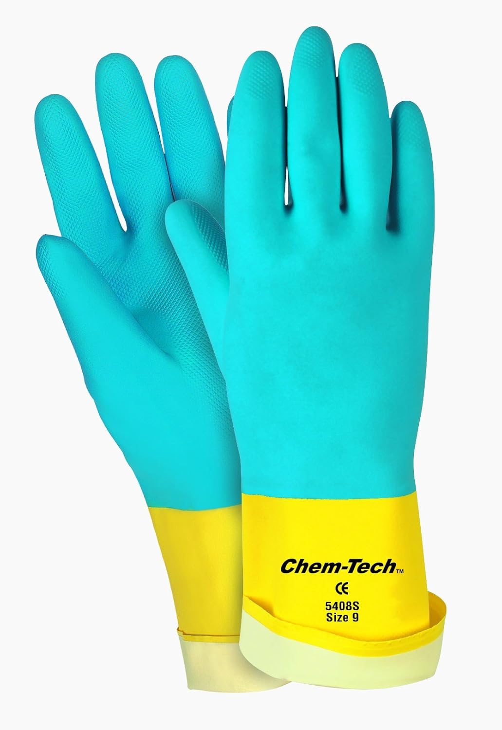 MCR Safety 5408S 8-1/2-Inch Chem-Tech Seamless Nitrile Rubber Gloves with Straight Cuff and Flocked Lining, Blue/Yellow