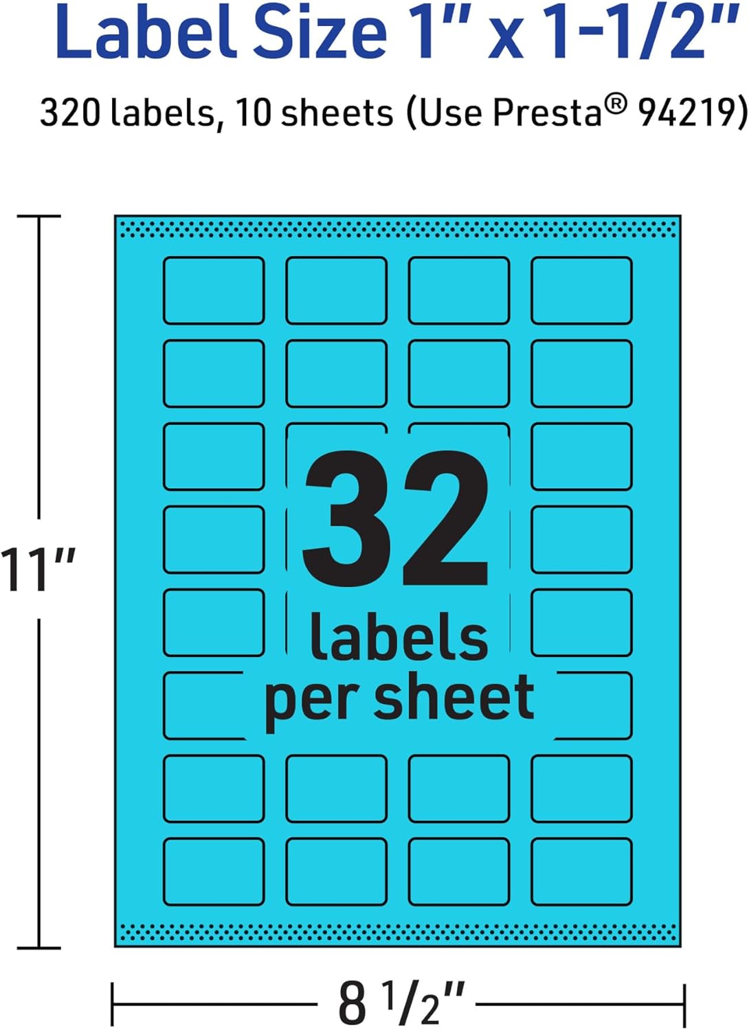 Avery Printable Rectangle Labels, Sure Feed Technology, 1" x 1-1/2", Bright Blue Labels, Print-to-The-Edge