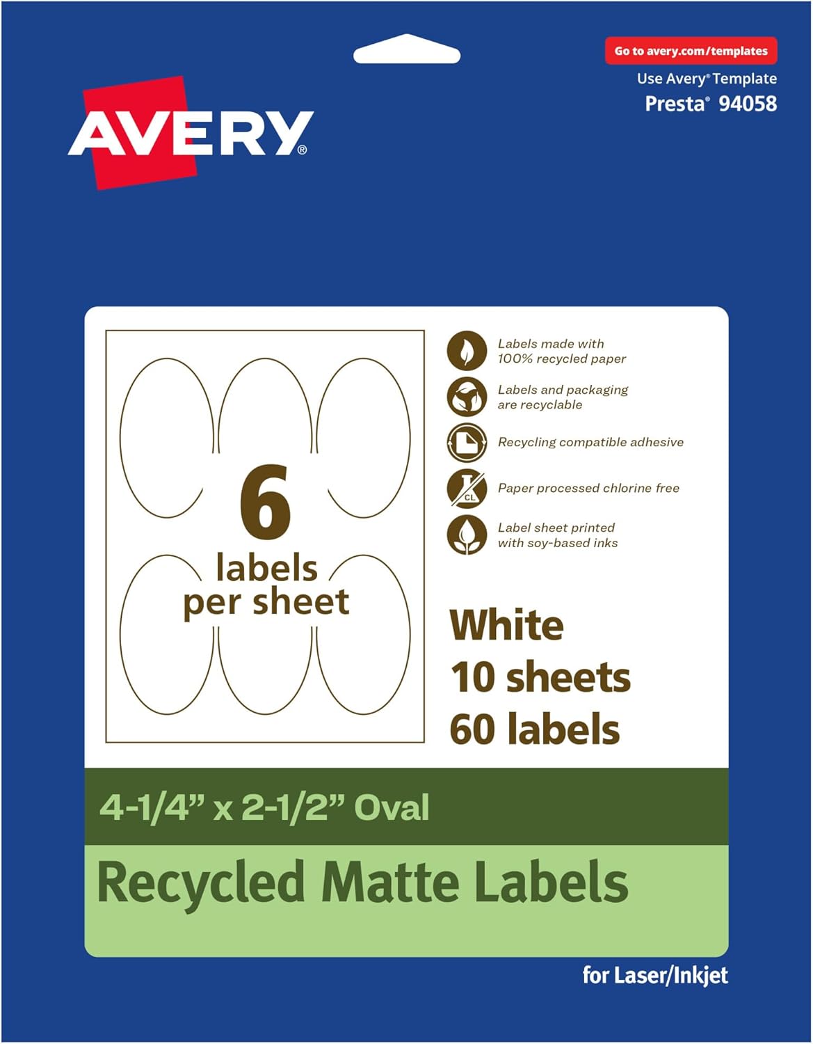 Avery EcoFriendly Matte White Recycled Oval Labels, 4.25" x 2.5", Matte White Labels, Permanent Adhesive