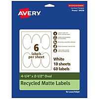 Avery EcoFriendly Matte White Recycled Oval Labels, 4.25" x 2.5", Matte White Labels, Permanent Adhesive, Laser/Inkjet Printable, 60 Total 60 labels