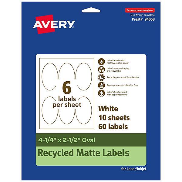 Avery EcoFriendly Matte White Recycled Oval Labels, 4.25" x 2.5", Matte White Labels, Permanent Adhesive, Laser/Inkjet Printable, 60 Total 60 labels