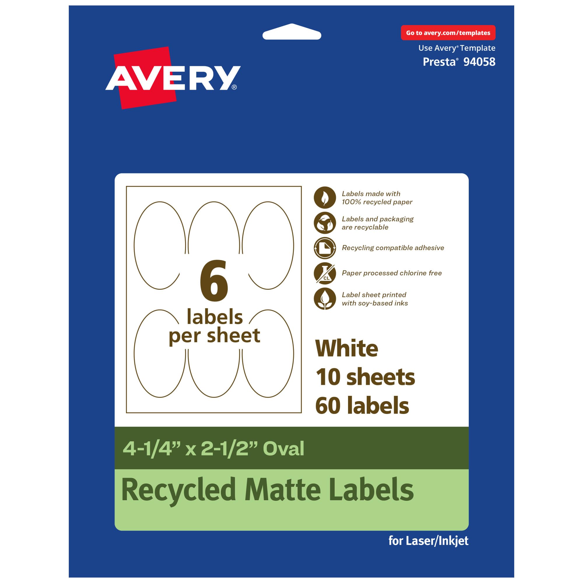 Avery EcoFriendly Matte White Recycled Oval Labels, 4.25" x 2.5", Matte White Labels, Permanent Adhesive
