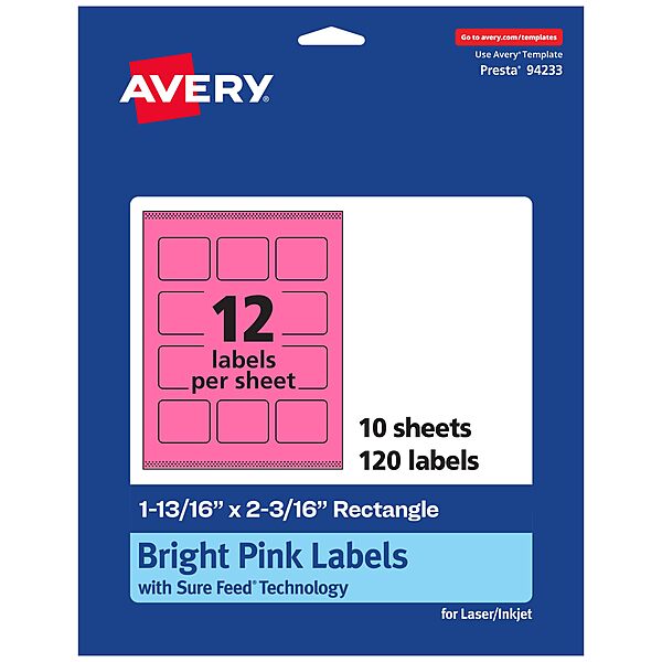 AVERY Printable Rectangle Labels, Sure Feed Technology, 1-13/16" x 2-3/16", Bright Pink, Print-to-The-Edge, Laser/Inkjet Printable