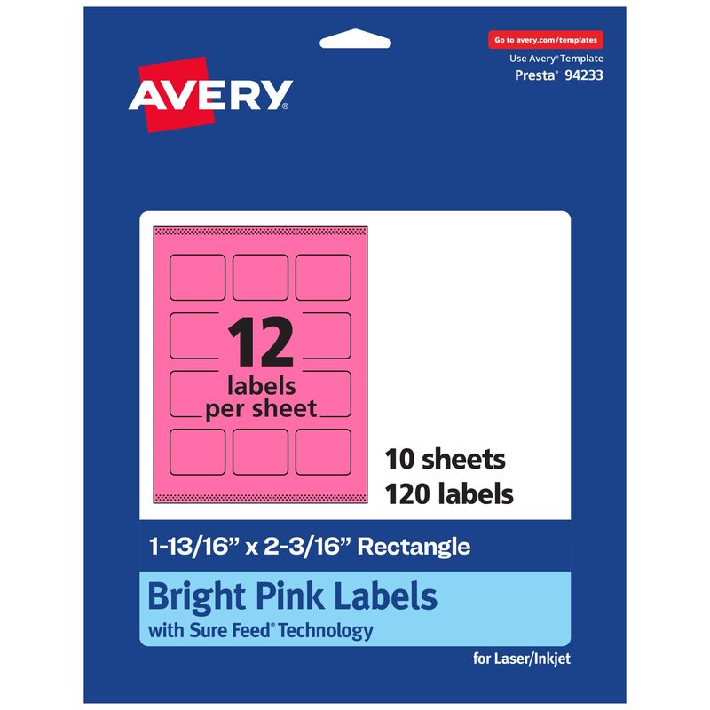 AVERY Printable Rectangle Labels, Sure Feed Technology, 1-13/16" x 2-3/16", Bright Pink, Print-to-The-Edge, Laser/Inkjet Printable