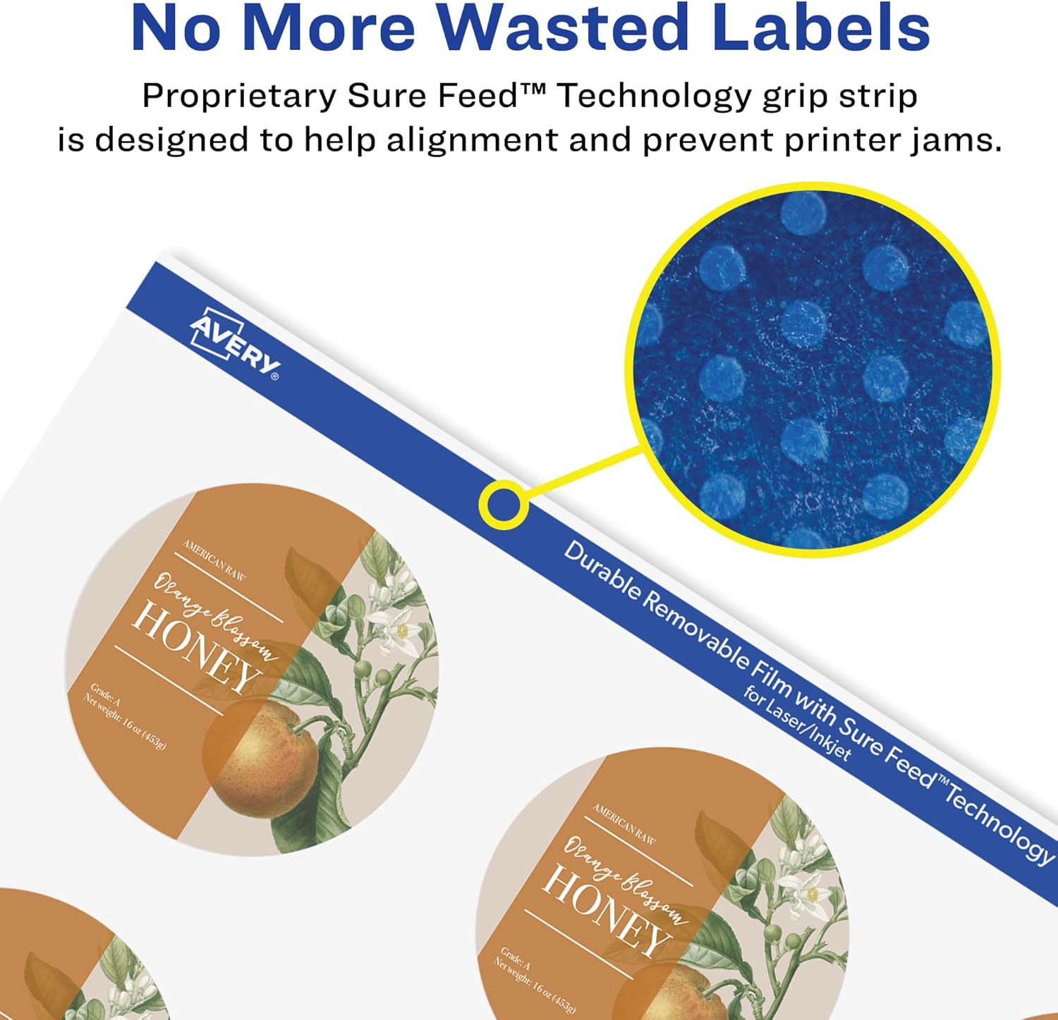 Avery Durable Removable Round Labels, Sure Feed Technology, 2" Diameter, Matte White Film, Water-Resistant - F0F083